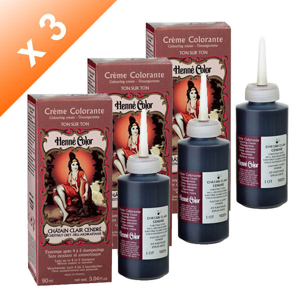Lot de 3 Crèmes Colorantes Chatain Clair Cendré Henné Color - 90 ml
