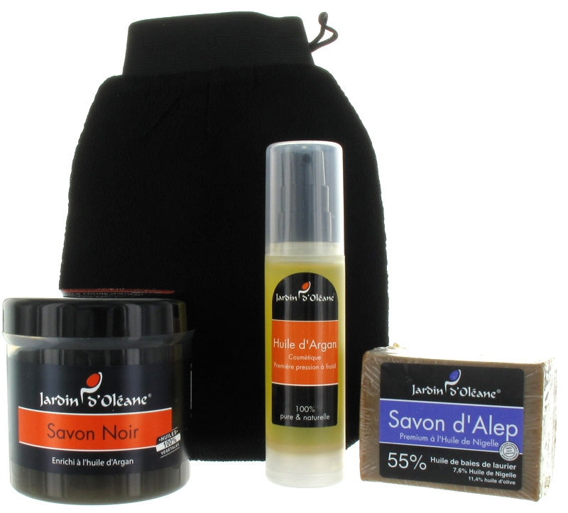 Pack Hammam : Savon Noir, Gant Kessa, Huile d'Argan et Savon d'Alep