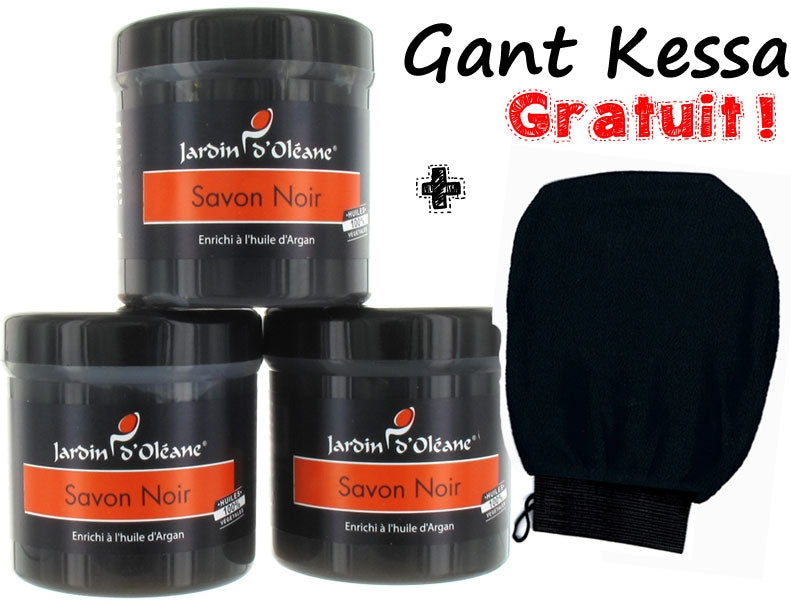 Lot de 3 Savons Noir à l'Huile d'Argan 250gr + 1 gant Kessa GRATUIT