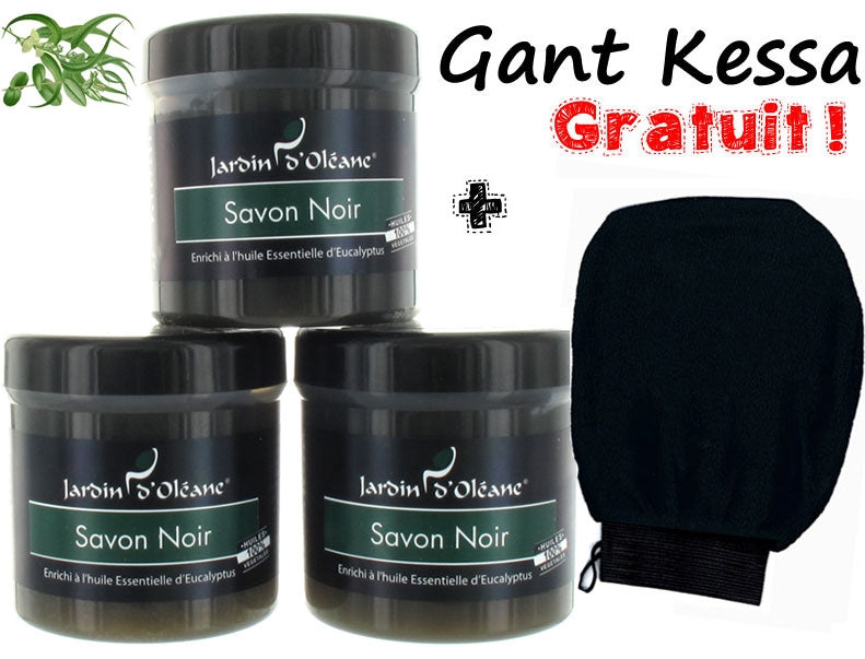 Lot de 3 Savons Noir Eucalyptus 250gr + 1 gant Kessa GRATUIT