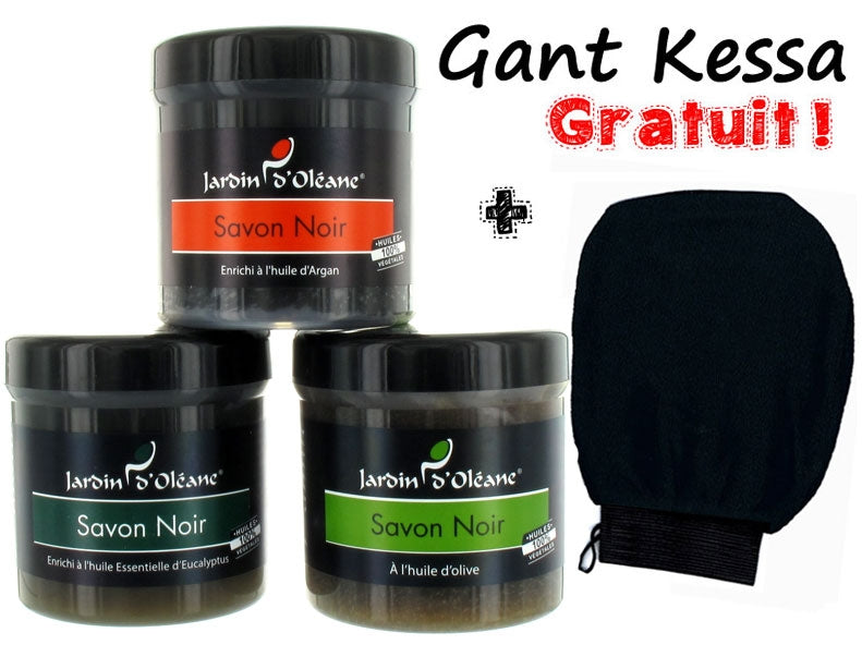 Lot de 3 Savons Noir Argan, Eucalyptus, Pure Olive 250gr + 1 gant Kessa GRATUIT