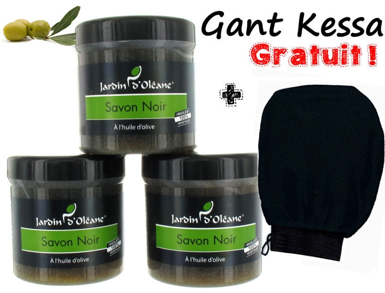 Lot de 3 Savons Noir Pure Olive 250gr + 1 gant Kessa GRATUIT